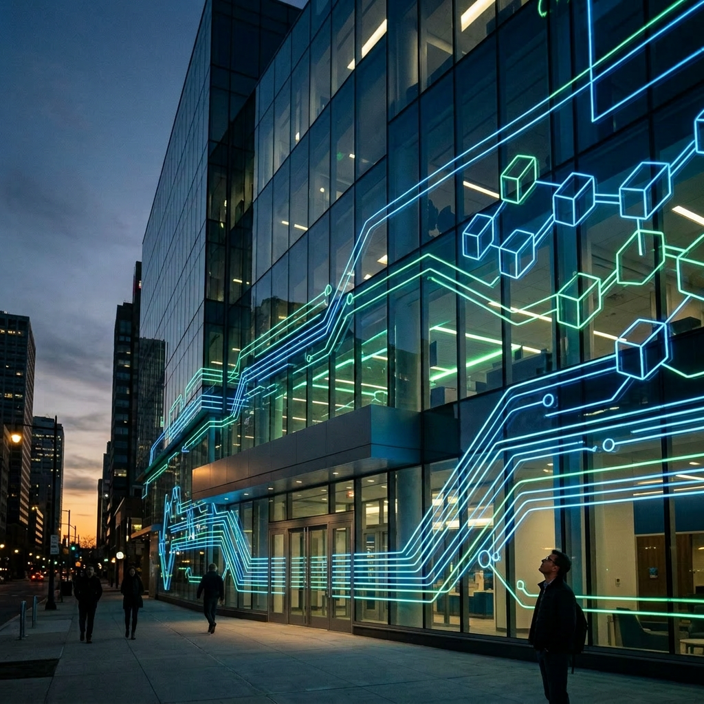 City Harbor Bank building with glowing digital circuit lines on glass facade at dusk